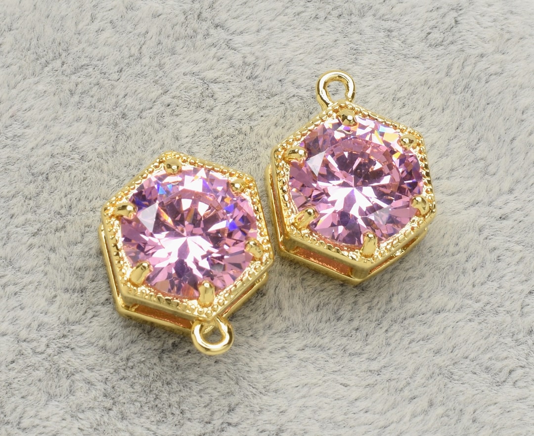 2 Bold Hexagonal Pink Cubic Zircon Pendant, 15mm, Open Ring