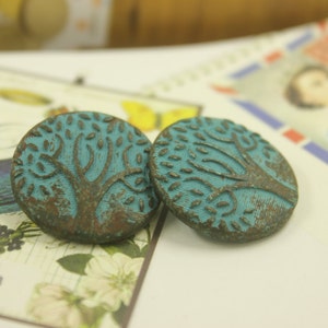 Patina Metal Buttons Green Patina Carving Big Tree Pattern Shank Buttons. 1 inch. 6 pcs image 3