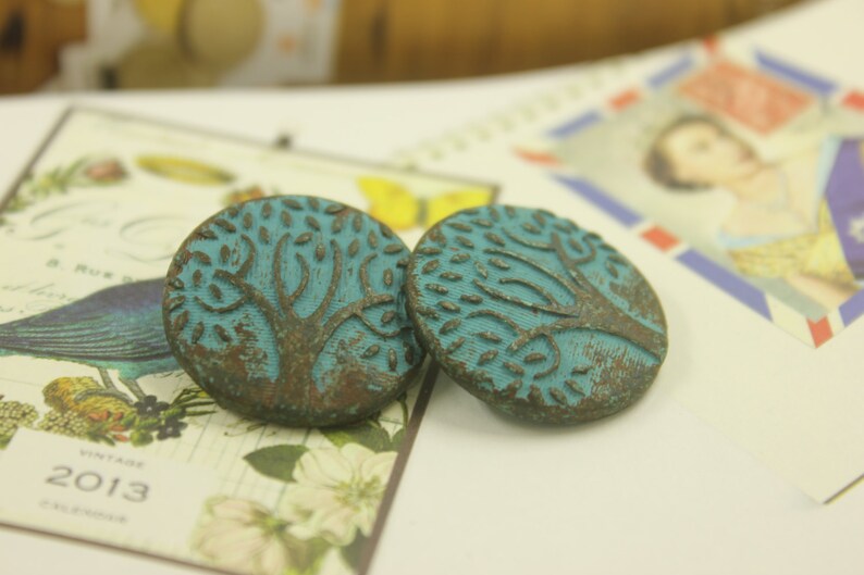 Patina Metal Buttons Green Patina Carving Big Tree Pattern Shank Buttons. 1 inch. 6 pcs image 3