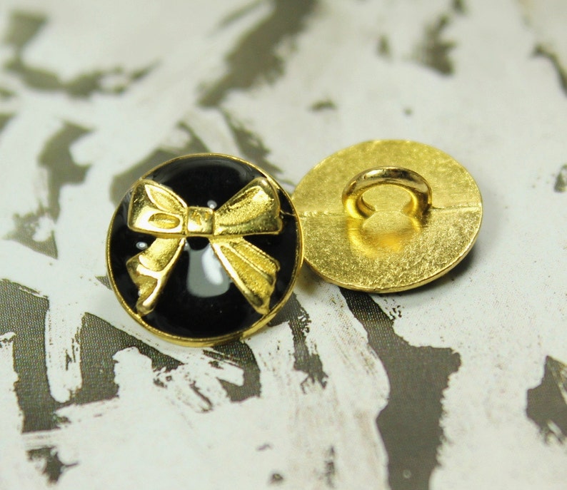 Metal Buttons - Golden Ribbon Bow Metal Buttons , Black Enamel Color ...