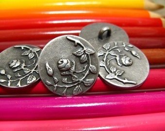 Metal Buttons - Rose Vine Metal Buttons , Gunmetal Color , Shank , 0.71 inch , 10 pcs