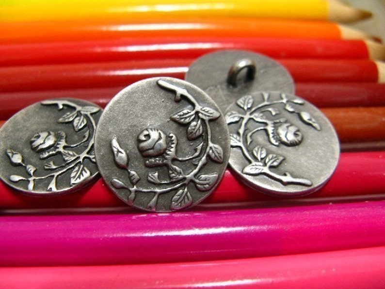 Metal Buttons Rose Vine Metal Buttons , Gunmetal Color , Shank , 0.71 inch , 10 pcs image 1