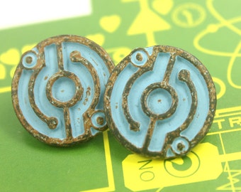 Metal Buttons - Circuit Style Blue Patina Metal Shank Buttons - 0.79 inch - 6 pcs