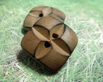 Wood Buttons - 10 pieces of Original Wood Burned Edge Deep Carving Flower Buttons, 0.63 inch