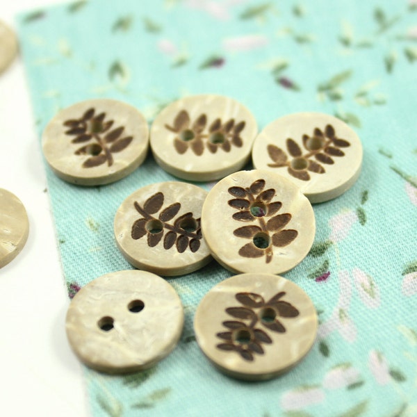 Wooden Buttons - Set 10 Fern Leaf Pattern Small Wooden Buttons.  0.51 inch