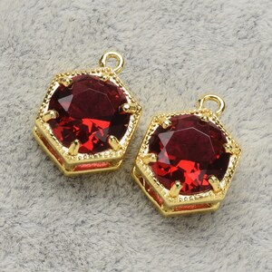 2 Bold Hexagonal Ruby Crystal Glass Pendant, 15mm, Open Ring, Gold Plated over Brass Prong Setting. [B0180512]