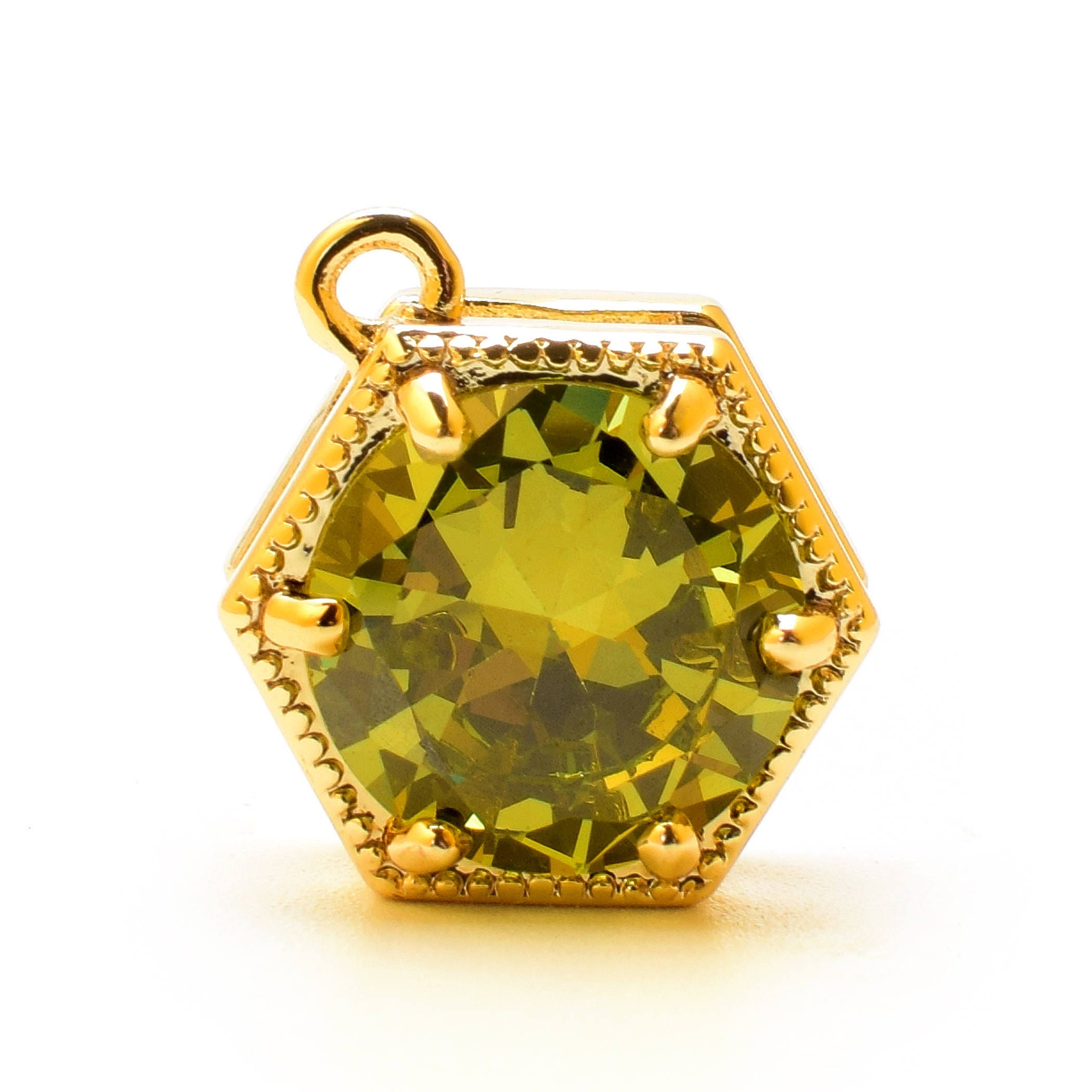 2 Bold Hexagonal Olivine Zircon Pendant, 15mm, Open Ring