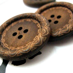 Large Wood Buttons Beautiful Swirls Decorative Domed Border Cascading Recessed Center Old Wooden Buttons, 1.18 inch 10 in a set image 3