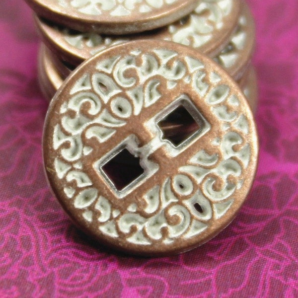 Metal Buttons - Flowery Filigree Metal Buttons , Copper White Patina Color , 2 Square Holes , 0.47 inch , 10 pcs