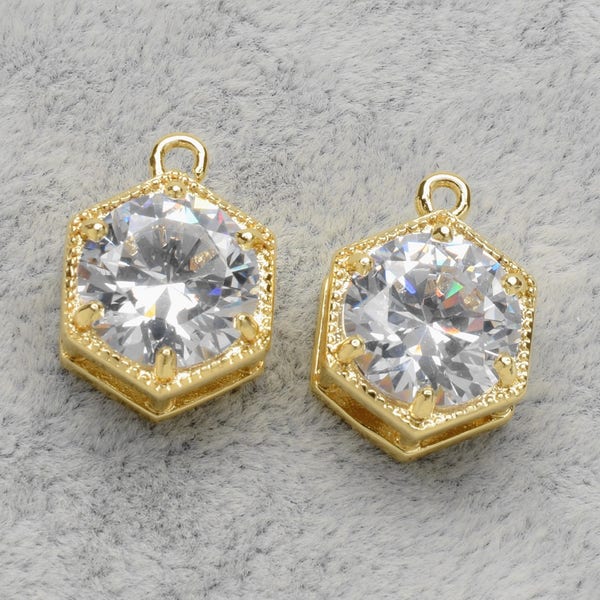 2 Bold Hexagonal Cubic Zircon Pendant, 15mm, Open Ring, Gold Plated over Brass Prong Setting. [B0030519]