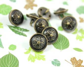 Metal Buttons - Vinca Metal Buttons , Antique Brass Color , Domed , Shank , 0.43 inch , 10 pcs