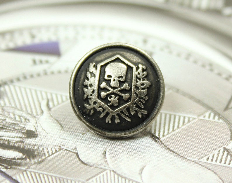 6 Skull Emblem Metal Buttons , Retro Silver Color , Shank , 0.91 inch image 1