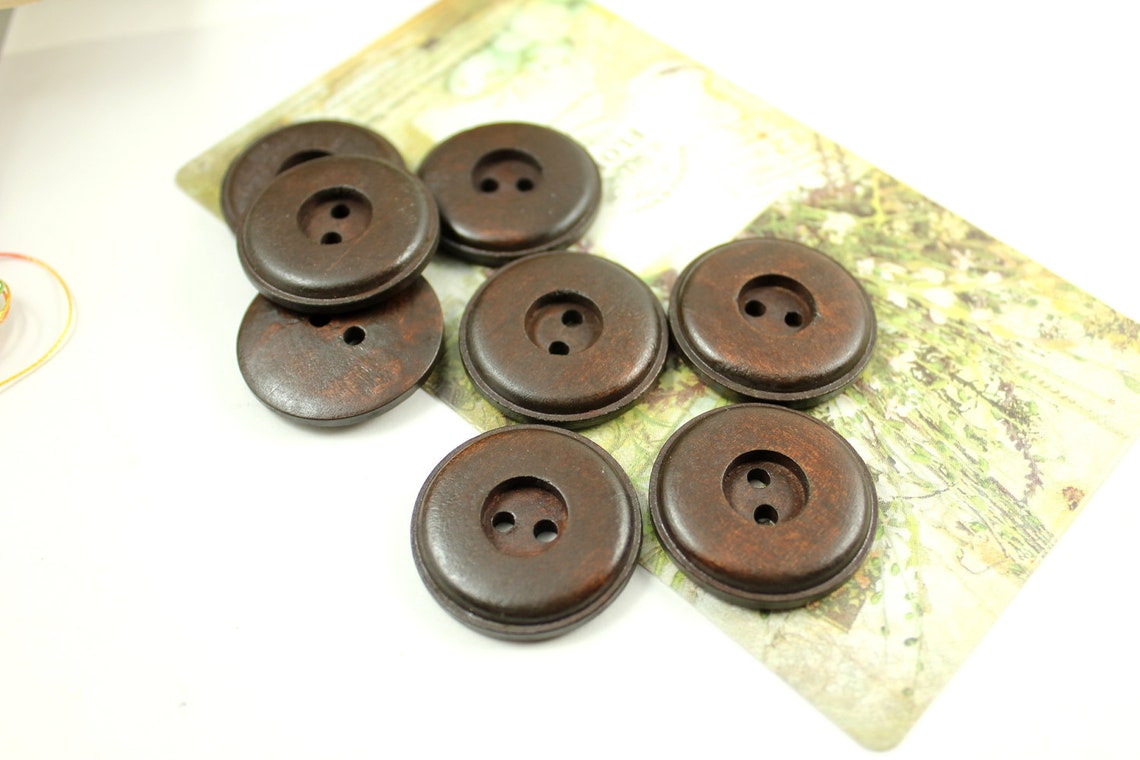 Wooden Buttons - Antique Round Cascading Recessed Center Brown Wood ...