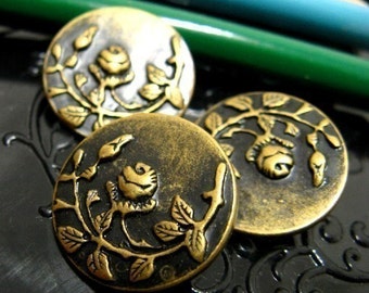 Metal Buttons - Rose Vine Metal Buttons , Antique Brass Color , Shank , 0.78 inch , 10 pcs