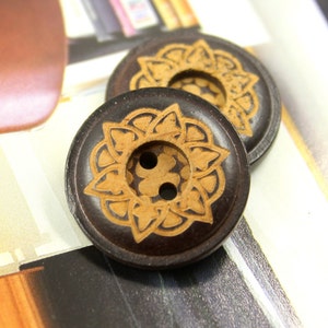 Brown Wooden Buttons - Japanese Style Mandala Wreath Pattern Brown Wood buttons. 0.91 inch, 10 pcs