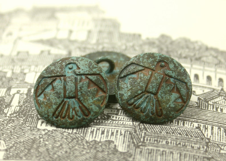 Patina Metal Buttons Green Patina Aztec Bird Metal Shank Buttons 20mm Approx 0.79 inch 6 pcs image 2