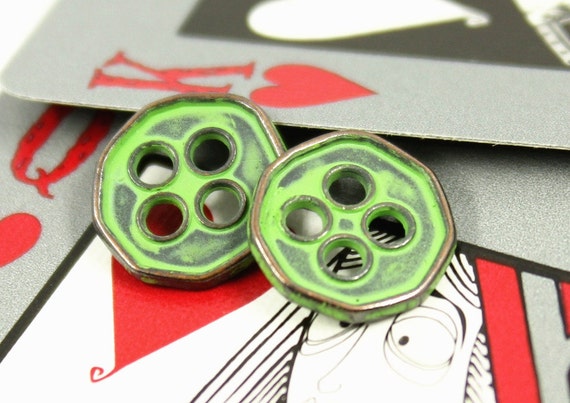 Metal Buttons - Heptagon Retro Green Metal Buttons , 4 Holes