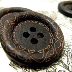 Large Wood Buttons - Beautiful Swirls Decorative Domed Border Cascading Recessed Center Brown Wooden Buttons, 1.38 inch (10 in a set)