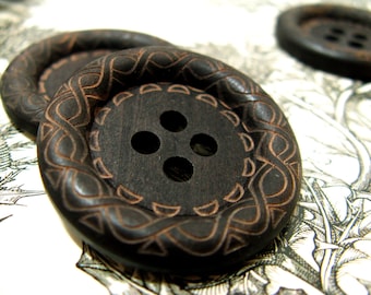 Large Wood Buttons - Beautiful Swirls Decorative Domed Border Cascading Recessed Center Brown Wooden Buttons, 1.38 inch (10 in a set)