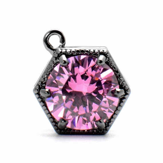 2 Bold Hexagonal Pink Cubic Zircon Pendant, 15mm, Open Ring