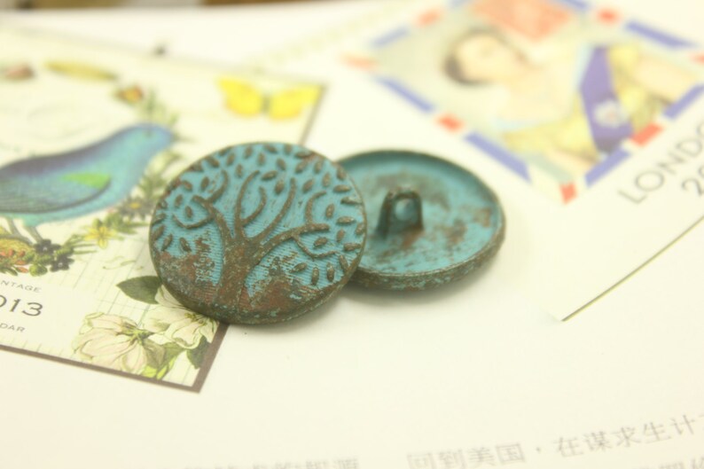 Patina Metal Buttons Green Patina Carving Big Tree Pattern Shank Buttons. 1 inch. 6 pcs image 4