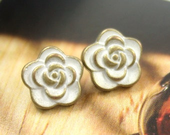 Metal Buttons - Rose Flower Metal Buttons , Brass White Patina Color , Shank , 0.31 inch , 10 pcs