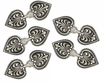 Cloak Clasp Fasteners - Antique Silver Baroque Spade Cloak Clasp Metal Fasteners. 5 Pairs.