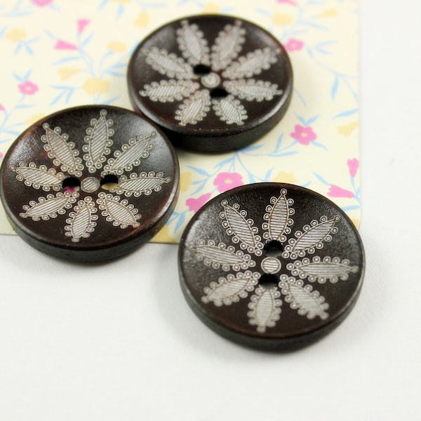 Wooden Buttons - Japanese Style Brown Concave Wooden buttons with Eight Petal Flower pattern. 1 inch. 10 pcs