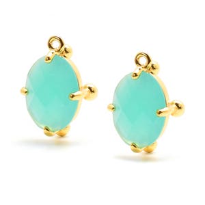 2 Sphericals Bezel Oval Mint Turquoise Crystal Glass Pendant, 20mm, Open Ring, Gold Plated over Brass Prong Setting. [S0070555]