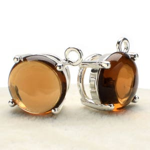 2 Round Smooth Smoky Quartz Crystal Glass Pendant, 12mm, Silver Plated over Brass Prong Setting. [R1190398]