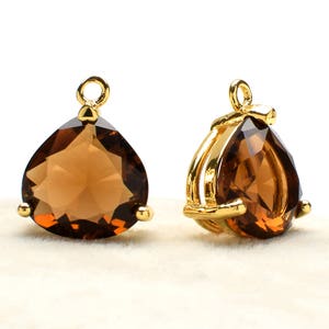 2 Pear Drop Smoky Quartz Crystal Glass Pendant, 15mm , Gold Plated over Brass Prong Setting. [P0190006]