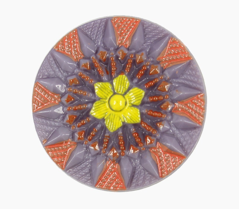 Czech Glass Button Pale Purple Hand Painted Flower Czech Glass Button, 1.06 inch , Shank Button image 1