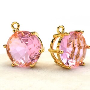 2 Round Pink Crystal Glass Pendant, 16mm, Gold Plated over Brass Prong Setting. [R0160444]