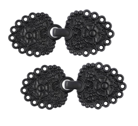 Cloak Clasp Fasteners - Romantic Bouquet Design Matte Black Cloak Clasp Fasteners. 2 Pairs.