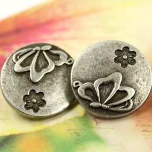 Metal Buttons - Antique Silver Butterfly and Floret Metal Shank Buttons - 0.79 inch - 6 pcs