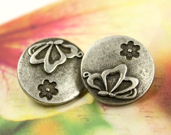 Metal Buttons - Antique Silver Butterfly and Floret Metal Shank Buttons - 0.79 inch - 6 pcs