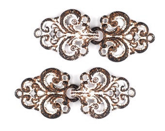 HOOK And EYE Fasteners - Stunning White Rust Openwork Baroque Swirl Cloak Clasp Fasteners. 2 Pairs. RARE