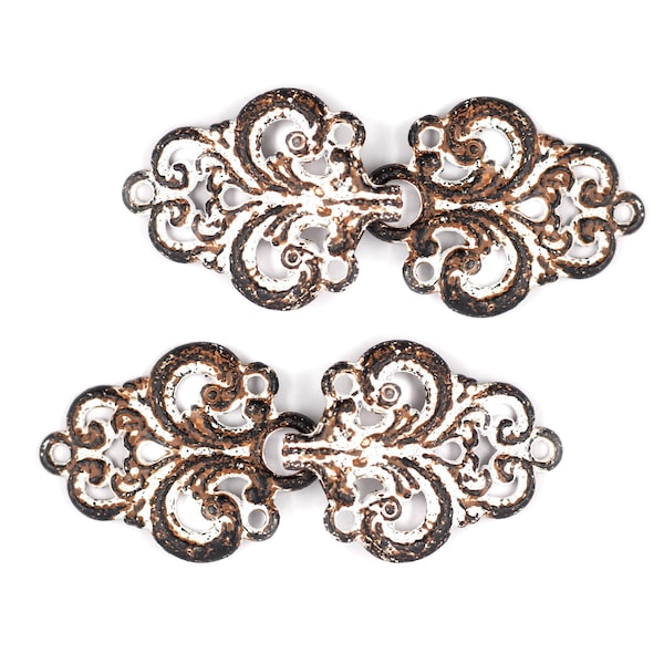 HOOK And EYE Fasteners - Stunning White Rust Openwork Baroque Swirl Cloak Clasp Fasteners. 2 Pairs. RARE