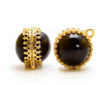 2 Black Onyx Double-Sided Crown Bezel Pendant, 12mm, Gold Plated over Brass Bezel. [E0080631]