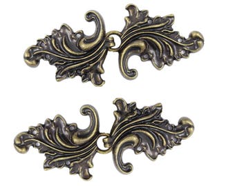 Cloak Clasp Fasteners - Antique Brass Acanthus Leaf Asymmetric Cloak Clasp Metal Fasteners. 2 Pairs.