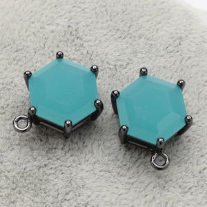 2 Hexagonal Mint Turquoise Crystal Glass Pendant, 18mm, Black Color Plated over Brass Prong Setting. [A2070169]