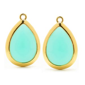 2 Drop Mint Turquoise Crystal Glass Pendant, 20mm, Gold Plated over Brass Bezel. [D0070605]