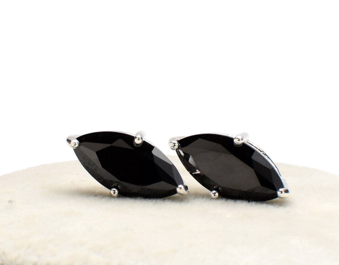 2 Marquise Black Zircon Pendant / Connector, 18mm , Silver