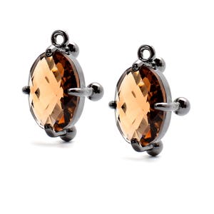 2 Sphericals Bezel Oval Smoky Quartz Crystal Glass Pendant, 20mm, Open Ring, Black Color Plated over Brass Prong Setting. [S2190579]