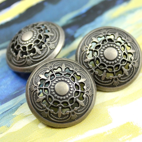 Metal Buttons - Medieval Filigree Metal Buttons , Gray Silver Color , Domed , Openwork , Shank , 0.87 inch , 10 pcs