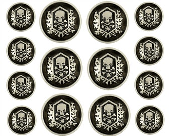 Double Blazer Button Set - Skull Emblem Matte Silver and Black Metal Shank Button Set. 6 pcs of 23mm, 8 pcs of 15mm