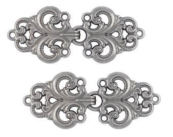 HOOK And EYE Fasteners - Stunning Gunmetal Openwork Baroque Swirl Cloak Clasp Fasteners. 2 Pairs. RARE