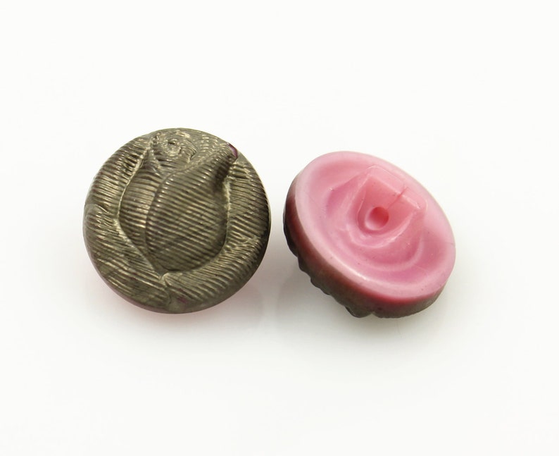 Czech Glass Button Metallic Gold Rose Flower Vintage Pink Czech Shank Glass Buttons 0.51 inch 3 Pcs image 2