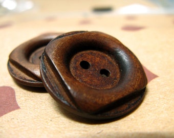 Wooden Buttons - Antiqued Square and Round Cascading Recessed Center Brown Wooden Buttons, 1 inch (10 in a set)