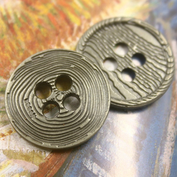 Metal Buttons - Annual Ring and Bark Pattern Metal Buttons , Gunmetal Color , 4 Holes , 0.91 inch , 10 pcs